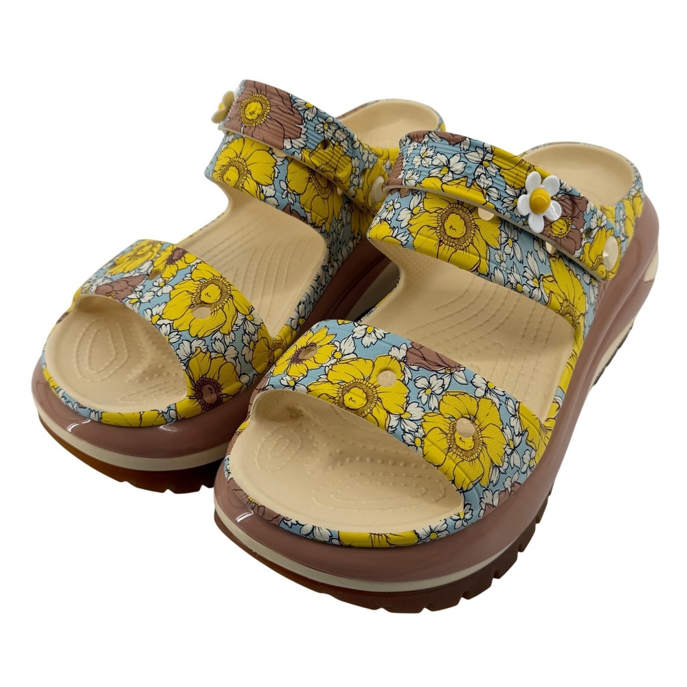 Crocs Classic Mega Crush Retro Floral Sandals Cream Tan Women 10 Platform Chunky